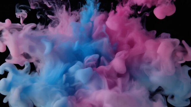 Vibrant pink and blue smoke plumes colliding and swirling against a dark background, creating an abstract and dynamic visual effect.