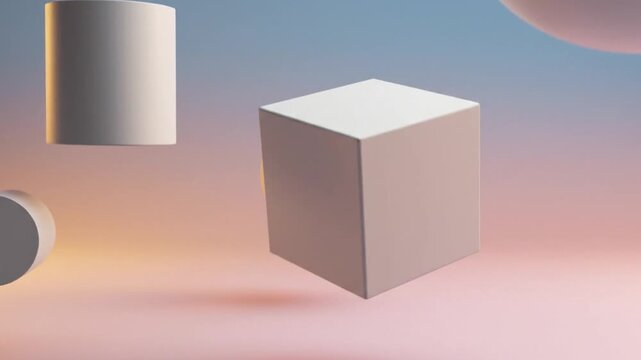 Abstract 3D geometric shapes including a cube and cylinder floating in a soft pastel gradient background