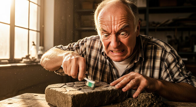 An elderly man comprehensively cleans an archaeological find in his workshop.