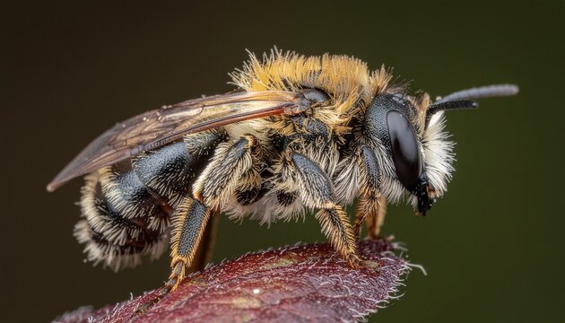 Mason bee side view with copy space on plain background