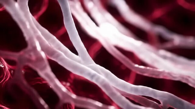 Extreme close-up video of vibrant crimson biological tissue, translucent white/grey fibers weaving and pulsating with dynamic blood flow. Concept of advanced biological visualization