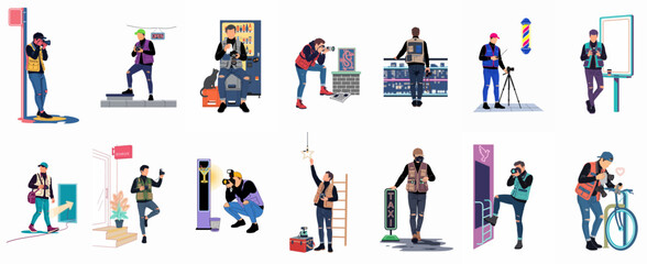 Fototapeta premium Set of flat vector illustrations of street photographers in urban environments, featuring various poses, professional camera gear, and stylish tactical streetwear outfits.