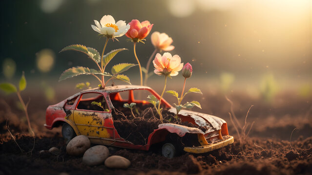 Beautiful flowers growing from an old rusty toy car buried in soil under warm sunset light. A conceptual metaphor for nature reclaiming man-made objects, hope, and regeneration.