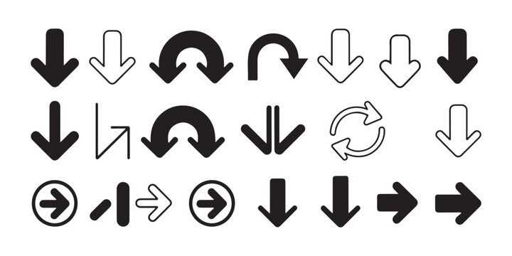 Set of various black arrow icons with outlines and filled shapes pointing down and in circular motion.