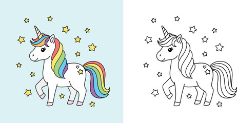 Set of cute cartoon unicorn illustrations with rainbow mane and stars, featuring both colored and black and white coloring book page versions for kids' education and creative play. © MMONIR