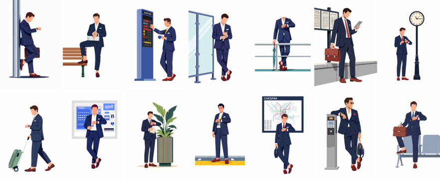 Collection of flat vector illustrations depicting a stylish businessman in a pinstripe suit commuting and waiting at various transport hubs.
