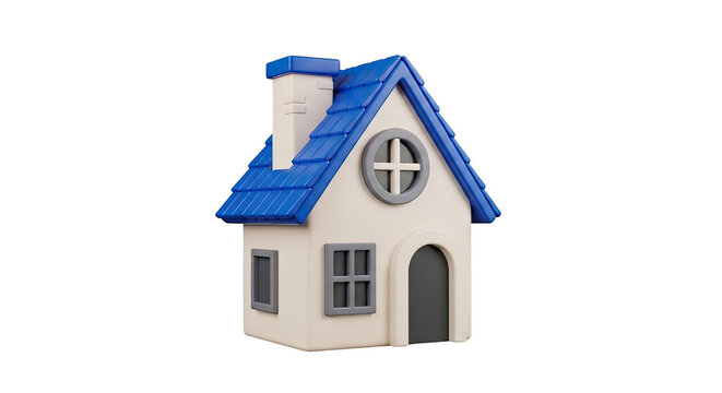 Cartoon House with Blue Roof and Chimney