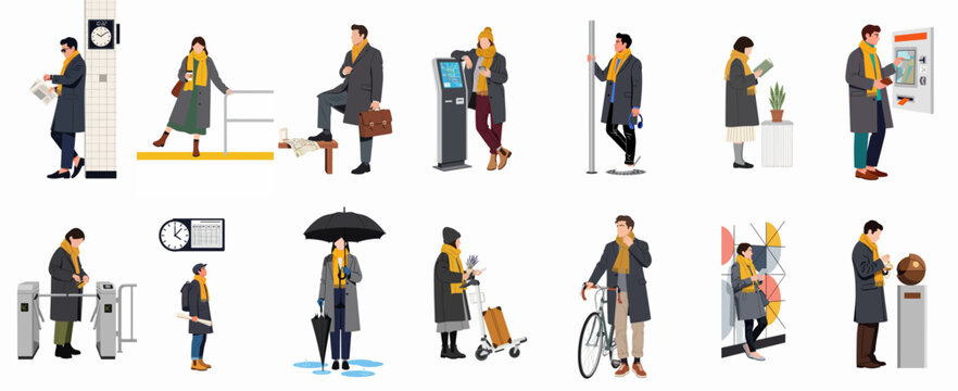 Flat illustration collection of diverse people in winter coats and yellow scarves commuting and navigating various urban settings and activities.