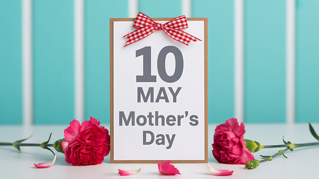 Mother's day calendar display with date 10 may surrounded by pink carnation flowers and petals on a light blue background.