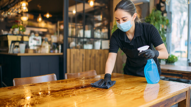 Young female cleaner sanitizing a wooden table in a cafe.