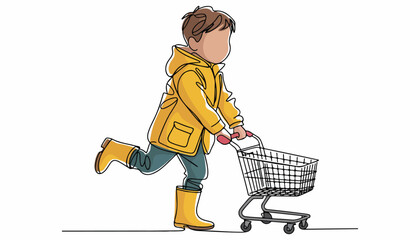 One continuous line illustration of an Boy with Shopping cart, isolated on white background. © line