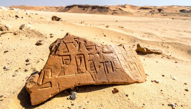 Fragmented Ancient Babylonian Clay Tablet with Cuneiform Inscriptions in Desert Sands
