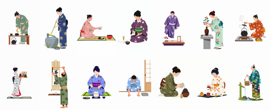 Set of Japanese people in traditional kimonos performing tea ceremony rituals, ikebana, calligraphy, and cultural activities, isolated on a white background.