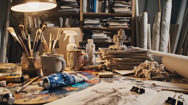 Artist's messy desk with paint tubes and sketches in studio