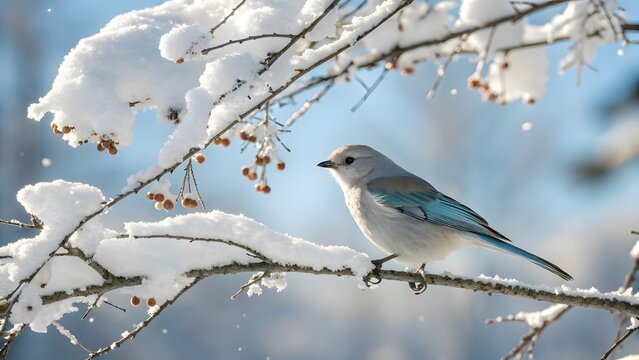 Blue-gray gnatcatcher perched on snow-covered branch in winter sunlight