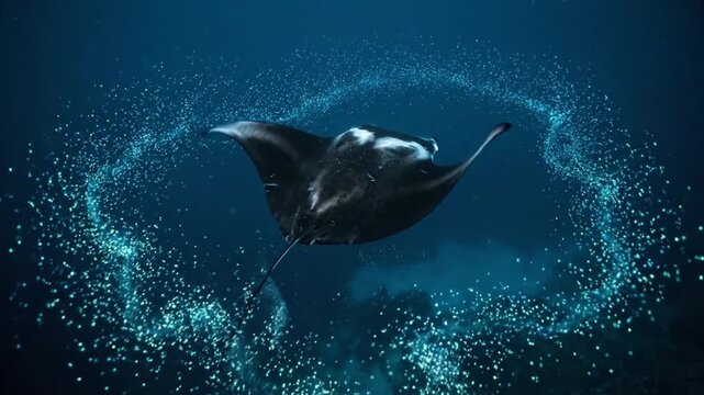 Majestic oceanic manta ray swimming underwater surrounded by glowing bioluminescent particles in the deep blue sea