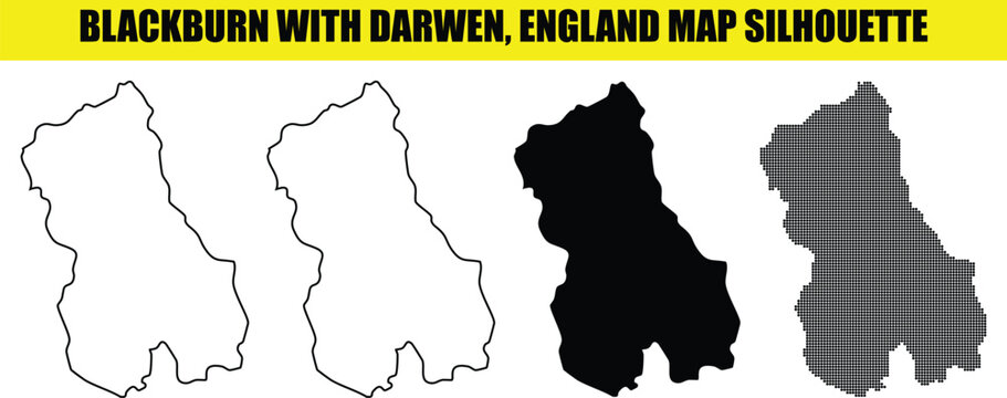 Blackburn with darwen england map silhouette with four styles: solid white, outline, solid black, and dotted pattern.