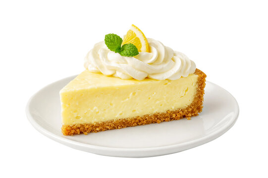 Slice of classic cheesecake with lemon garnish isolated on transparent background