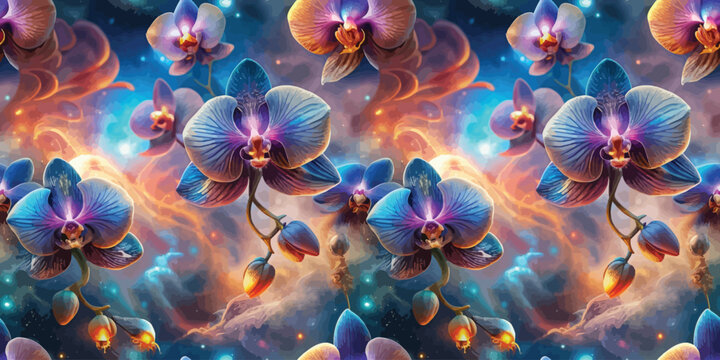 Cosmic orchids in a nebula of dreams and ethereal glow Vector