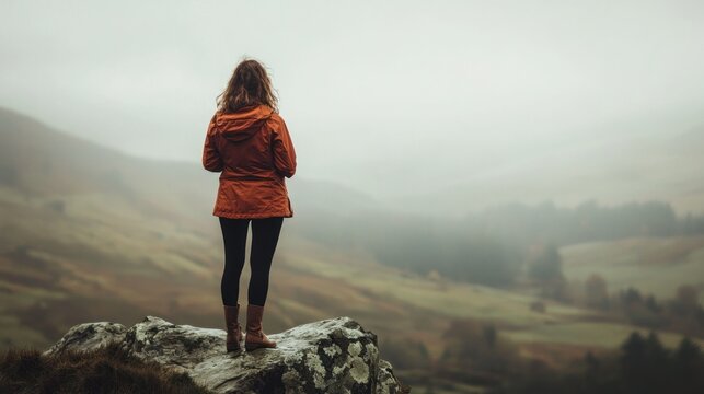 Woman contemplating misty landscape