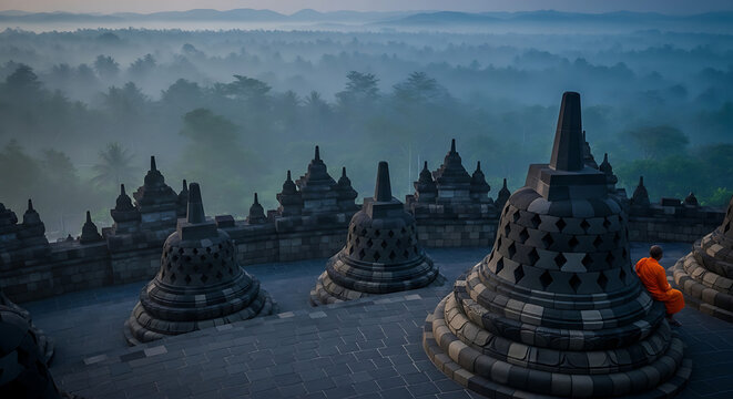 A Buddhist monk in orange robes walks among the ancient stone stupas of Borobudur temple at dawn