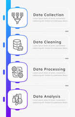 Naklejka premium Data transformation infographic 4 steps. Information, filtering, database maintenance. Statistical analysis, business intelligence. Editable thin line icons diagram process. Lexend font used