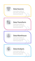 Data pipeline infographic 4 steps. Database maintenance, network management. Information organization, marketing analytics. Editable thin line icons diagram process. Merriweather Sans font used © IMG visuals icons