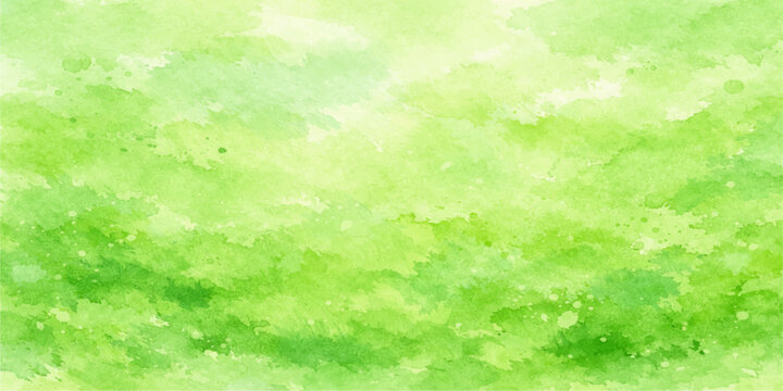 Bright sunlight shines through white clouds in a clear blue sky over a beautiful abstract green watercolor grass background for a sunny summer day in nature