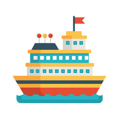Fototapeta premium A large colorful cruise ship with multiple decks and a red flag on top sailing on the ocean with waves transportation and travel concept