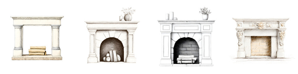 Fototapeta premium Elegant Fireplace Watercolor Collection: Four Unique Designs