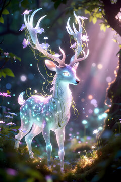 Glowing spirit deer with floral antlers in a dreamlike forest, Generative AI