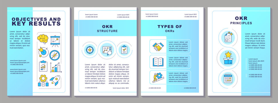 Objectives and key results brochure layout. Strategy planning, corporate partnership. Leaflet advertising design with color line icons. Editable 4 pages. Arial-Black, Myriad Pro-Regular fonts used