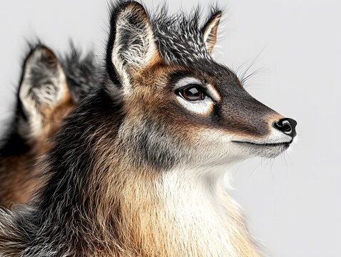 Profile portrait of a small deer-like creature shows detailed fur and expressive eyes.