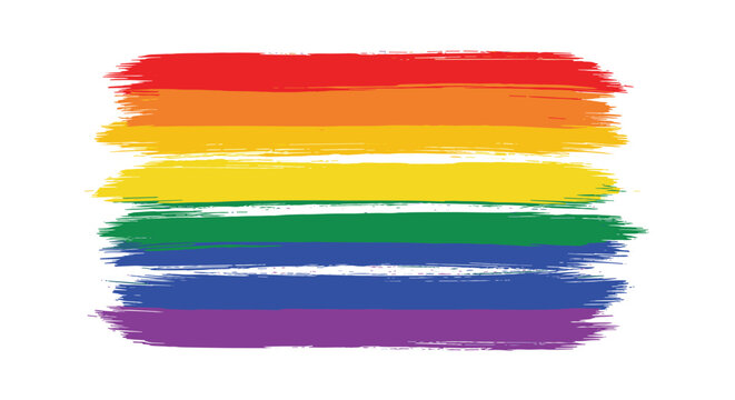 Horizontal rainbow flag made of artistic brush strokes representing the LGBT pride movement and diversity on a plain white background.