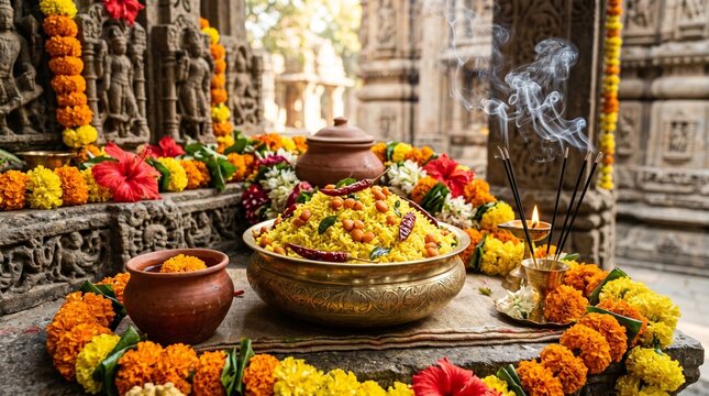 Traditional Indian prasad offering with incense and marigold flowers in temple