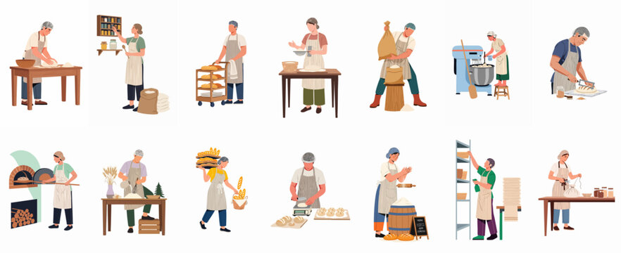 Collection of illustrations showing professional bakers performing various tasks like kneading, baking, mixing, and packing fresh bread in a commercial bakery setting.