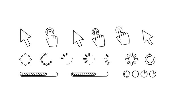Thin line cursor and click interaction icons with loading spinner and progress indicators for UI design