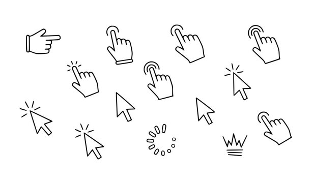 Minimal cursor and hand click line icons collection with loading waiting and progress interaction symbols