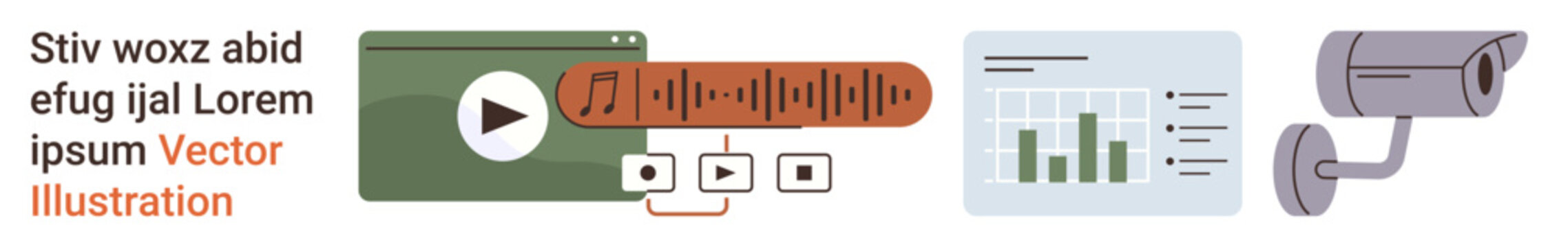 Media streaming, video playback, analytics, security monitoring, online interface, technology management. Video player icons, data chart security camera. Media streaming and analytics concept