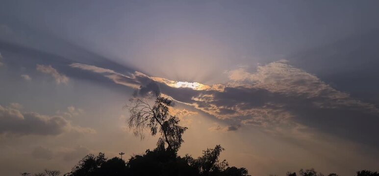 Dramatic Sunset Sky with Sun Rays Through Clouds and Tree Silhouette in India