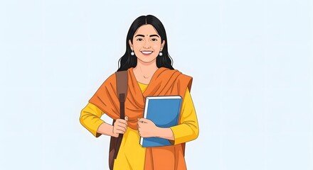 Obraz premium 黄色いクルタを着て青い本を持ち、バックパックを背負って微笑むインドの若い女性のイラスト woman indian student education smiling