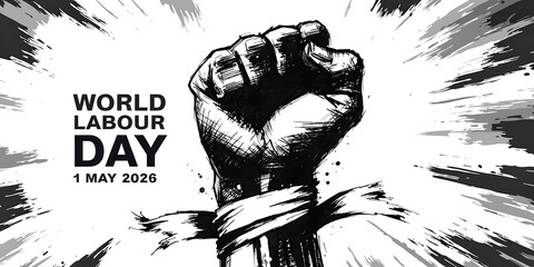 World labour day on 1 may 2026 with a powerful raised fist in protest style, international