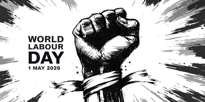 World labour day on 1 may 2026 with a powerful raised fist in protest style, international