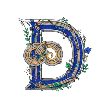 Ornate initial letter D with Celtic knotwork and gems