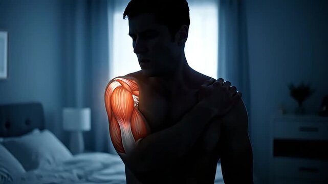 Man experiencing severe shoulder muscle pain, highlighted with anatomical illustration, in a dimly lit bedroom.