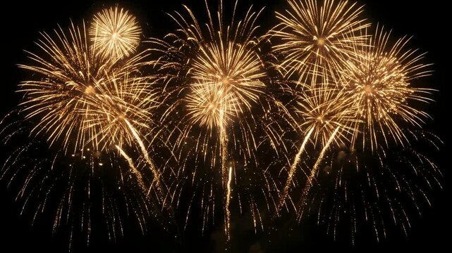 ループアニメーションで金色の花火が連続開花する黒背景の豪華な祝祭演出