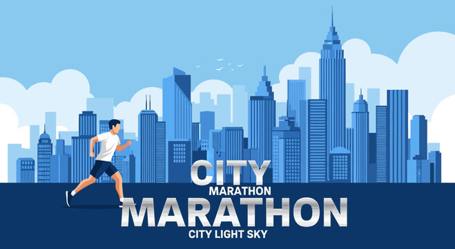 City Marathon Runner Silhouette Against Urban Skyline With Clear Clouds and Skyscrapers