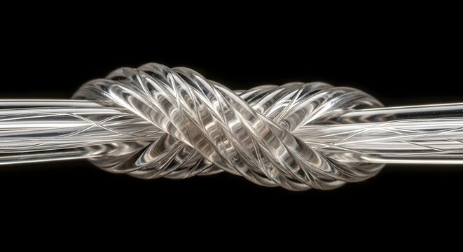 A close-up view of a twisted glass cable against a black background
