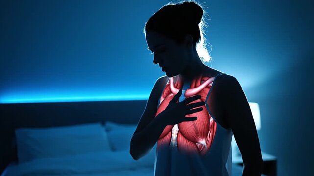 Woman experiencing chest pain and respiratory discomfort at night, with glowing lungs overlay.