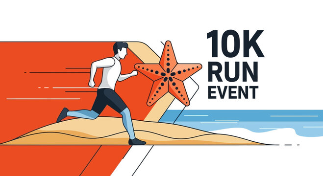 Coastal 10K Run Event With Starfish, Beach, and Dynamic Runner Silhouette Design